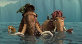 Movie still from “Ice Age: The Meltdown” (2006), directed by Carlos Saldanha – A couple of animals that are in the water; Wide shot, High angle