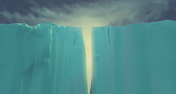 Movie still from “Ice Age: The Meltdown” (2006), directed by Carlos Saldanha – A view of a cliff with a sky in the background; Extreme Wide shot, Low angle