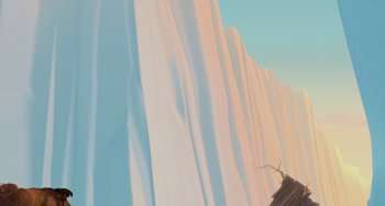 Movie still from “Ice Age: The Meltdown” (2006), directed by Carlos Saldanha – A painting of a tree in front of a wall; Extreme Wide shot, Low angle