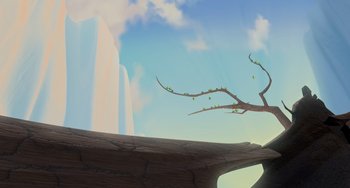 Movie still from “Ice Age: The Meltdown” (2006), directed by Carlos Saldanha – A tree branch in the middle of a wooden bridge; Extreme Wide shot, Low angle