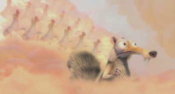 Movie still from “Ice Age: The Meltdown” (2006), directed by Carlos Saldanha – An animated squirrel is surrounded by a flock of birds; Wide shot, Low angle