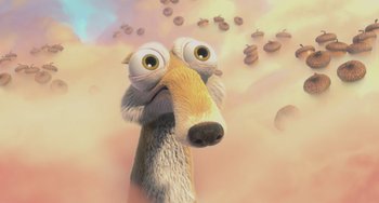 Movie still from “Ice Age: The Meltdown” (2006), directed by Carlos Saldanha – An animal with big eyes is looking at the camera; Close Up shot, Low angle