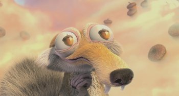 Movie still from “Ice Age: The Meltdown” (2006), directed by Carlos Saldanha – An ice age character with big eyes is looking at the camera; Close Up shot, High angle