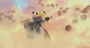 Movie still from “Ice Age: The Meltdown” (2006), directed by Carlos Saldanha – An ice age character is in the clouds; Medium shot, Low angle