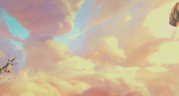 Movie still from “Ice Age: The Meltdown” (2006), directed by Carlos Saldanha – A painting of a sky filled with fluffy clouds; Extreme Wide shot, Low angle