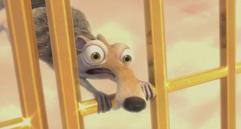 Movie still from “Ice Age: The Meltdown” (2006), directed by Carlos Saldanha – An animated character is hanging on to a rail; Close Up shot, High angle