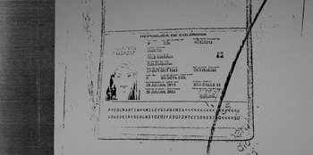 Movie still from “In Broad Daylight: The Narvarte Case” (2022), directed by Alberto Saúl Arnaut Estrada – A black - and - white photo of a passport page; Extreme Close Up shot, Overhead angle