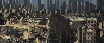 Movie still from “Inception” (2010), directed by Christopher Nolan – An image of an abandoned city in the middle of the desert; Extreme Wide shot, Overhead angle