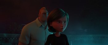 Movie still from “Incredibles 2” (2018), directed by Brad Bird – Medium shot, Over the shoulder angle