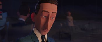 Movie still from “Incredibles 2” (2018), directed by Brad Bird – A cartoon of a man in a suit and tie; Close Up shot, Over the shoulder angle