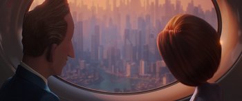 Movie still from “Incredibles 2” (2018), directed by Brad Bird – A view of a city from a plane window; Close Up shot, Over the shoulder angle