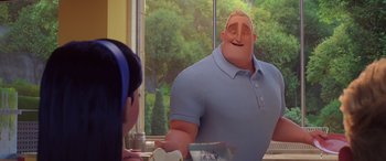 Movie still from “Incredibles 2” (2018), directed by Brad Bird – A man in a blue shirt is talking to a girl; Medium shot, Over the shoulder angle