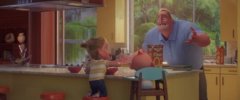 Movie still from “Incredibles 2” (2018), directed by Brad Bird – A little girl is feeding a pig from a bowl; Medium shot, Over the shoulder angle
