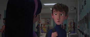 Movie still from “Incredibles 2” (2018), directed by Brad Bird – A boy and a girl are talking to each other in a school hallway; Close Up shot, Over the shoulder angle