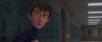 Movie still from “Incredibles 2” (2018), directed by Brad Bird – A boy with brown eyes is standing in front of lockers; Close Up shot, Over the shoulder angle