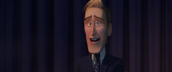 Movie still from “Incredibles 2” (2018), directed by Brad Bird – A cartoon of a man in a suit and tie; Close Up shot, High angle