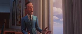 Movie still from “Incredibles 2” (2018), directed by Brad Bird – A man in a blue suit and a tie; Medium shot, Over the shoulder angle