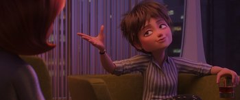 Movie still from “Incredibles 2” (2018), directed by Brad Bird – A cartoon of a woman with a hand extended out to the side; Medium shot, Over the shoulder angle