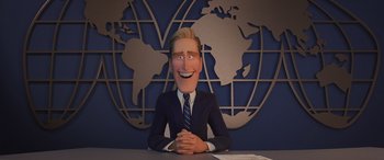 Movie still from “Incredibles 2” (2018), directed by Brad Bird – A man in a suit sitting at a desk; Medium shot, Low angle