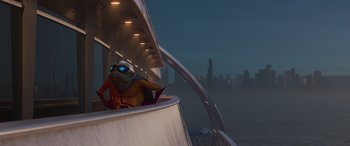 Movie still from “Incredibles 2” (2018), directed by Brad Bird – An animated frog sitting on top of a boat; Wide shot, Low angle