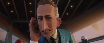 Movie still from “Incredibles 2” (2018), directed by Brad Bird – An animated man in a suit and tie talking on a cell phone; Close Up shot, Low angle