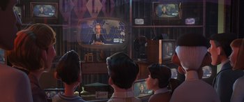 Movie still from “Incredibles 2” (2018), directed by Brad Bird – A group of people sitting in front of a television; Wide shot, Over the shoulder angle
