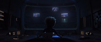 Movie still from “Incredibles 2” (2018), directed by Brad Bird – A child sitting in front of a tv in a dark room; Wide shot, Low angle