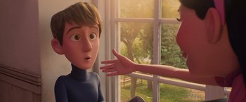 Movie still from “Incredibles 2” (2018), directed by Brad Bird – A person reaches out to a boy who is sitting in front of a window; Close Up shot, Over the shoulder angle