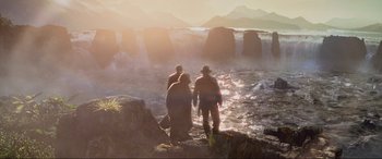 Movie still from “Indiana Jones and the Kingdom of the Crystal Skull” (2008), directed by Steven Spielberg – A group of people standing on top of a cliff; Extreme Wide shot, High angle