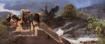 Movie still from “Indiana Jones and the Kingdom of the Crystal Skull” (2008), directed by Steven Spielberg – A painting of a tree and a waterfall; Extreme Wide shot, High angle