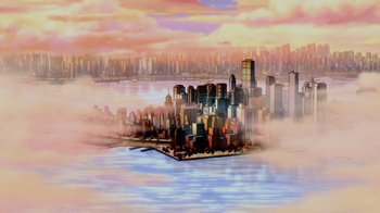 Movie still from “Injustice” (2021), directed by Matt Peters – An artistic painting of a large city in the middle of the day; Extreme Wide shot, High angle