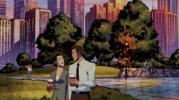 Movie still from “Injustice” (2021), directed by Matt Peters – A man and a woman standing next to each other holding drinks; Extreme Wide shot, High angle