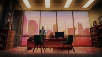 Movie still from “Injustice” (2021), directed by Matt Peters – A man sitting at a computer desk in front of a large window; Extreme Wide shot, Low angle