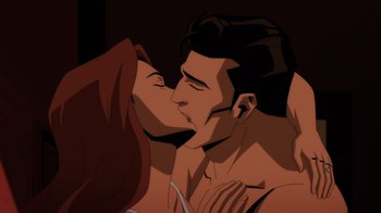 Movie still from “Injustice” (2021), directed by Matt Peters – A man and a woman kissing in a dark room; Medium shot, Low angle