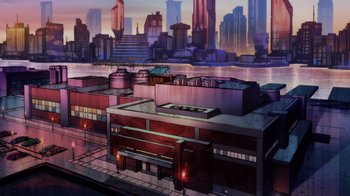 Movie still from “Injustice” (2021), directed by Matt Peters – An animated city scene with buildings and a river in the background; Extreme Wide shot, High angle