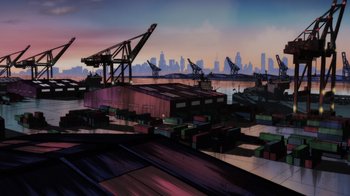 Movie still from “Injustice” (2021), directed by Matt Peters – An artistic rendering of an industrial area with cranes and shipping containers; Extreme Wide shot, High angle