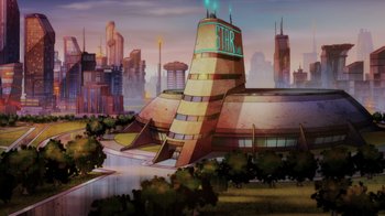 Movie still from “Injustice” (2021), directed by Matt Peters – An illustration of a city with a building on top of it; Extreme Wide shot, Low angle