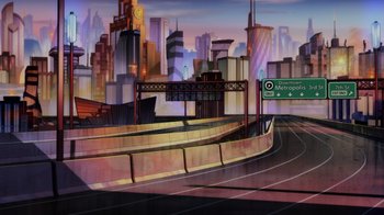 Movie still from “Injustice” (2021), directed by Matt Peters – An empty street with a city skyline in the background; Extreme Wide shot, High angle