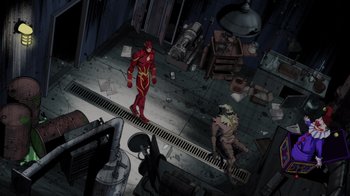 Movie still from “Injustice” (2021), directed by Matt Peters – An overhead view of a man in a red suit and a man in a brown suit; Extreme Wide shot, High angle