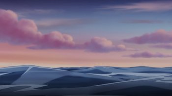 Movie still from “Injustice” (2021), directed by Matt Peters – A painting of a desert landscape with pink clouds in the background; Extreme Wide shot, Low angle