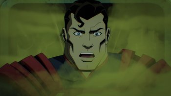 Movie still from “Injustice” (2021), directed by Matt Peters – A man with a red and yellow shirt is looking at the camera; Close Up shot, Over the shoulder angle