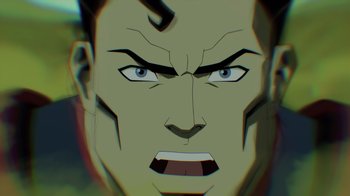 Movie still from “Injustice” (2021), directed by Matt Peters – The face of a man in a cartoon style; Extreme Close Up shot, Overhead angle