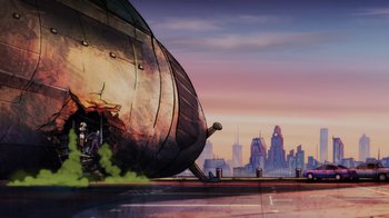 Movie still from “Injustice” (2021), directed by Matt Peters – An artistic painting of a city skyline with a large ship in the background; Extreme Wide shot, Low angle