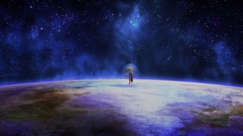 Movie still from “Injustice” (2021), directed by Matt Peters – An image of a person standing under an umbrella in space; Extreme Wide shot, Low angle