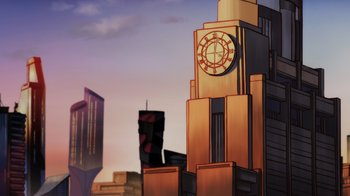 Movie still from “Injustice” (2021), directed by Matt Peters – An illustration of a clock on the side of a tall building; Extreme Wide shot, Low angle