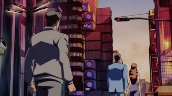 Movie still from “Injustice” (2021), directed by Matt Peters – A group of men standing next to each other on a street; Extreme Wide shot, Low angle