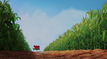 Movie still from “Injustice” (2021), directed by Matt Peters – An illustration of a red flower in the middle of a field; Extreme Wide shot, High angle