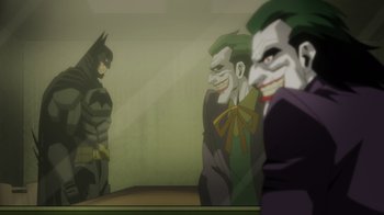 Movie still from “Injustice” (2021), directed by Matt Peters – A group of people that are standing in a room together; Wide shot, Over the shoulder angle