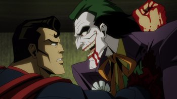 Movie still from “Injustice” (2021), directed by Matt Peters – Two men are fighting each other in a cartoon; Medium shot, Over the shoulder angle
