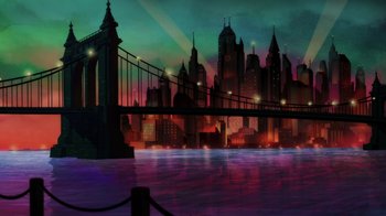 Movie still from “Injustice” (2021), directed by Matt Peters – A city skyline with a bridge in the middle of the night; Extreme Wide shot, Low angle